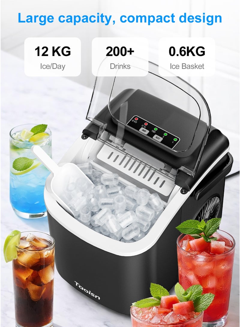 ماركة ماكينة صنع الثلج من TAOISN للاستخدام على الطاولة، تنتج 9 مكعبات ثلج رصاصية في 6 دقائق، بقدرة 12 كجم يوميًا، حجمين للثلج، تنظيف ذاتي، محمولة مع مقبض، مع مغرفة وسلة وفرشاة للاستخدام المنزلي (إصدار بلاستيك) - Image 2